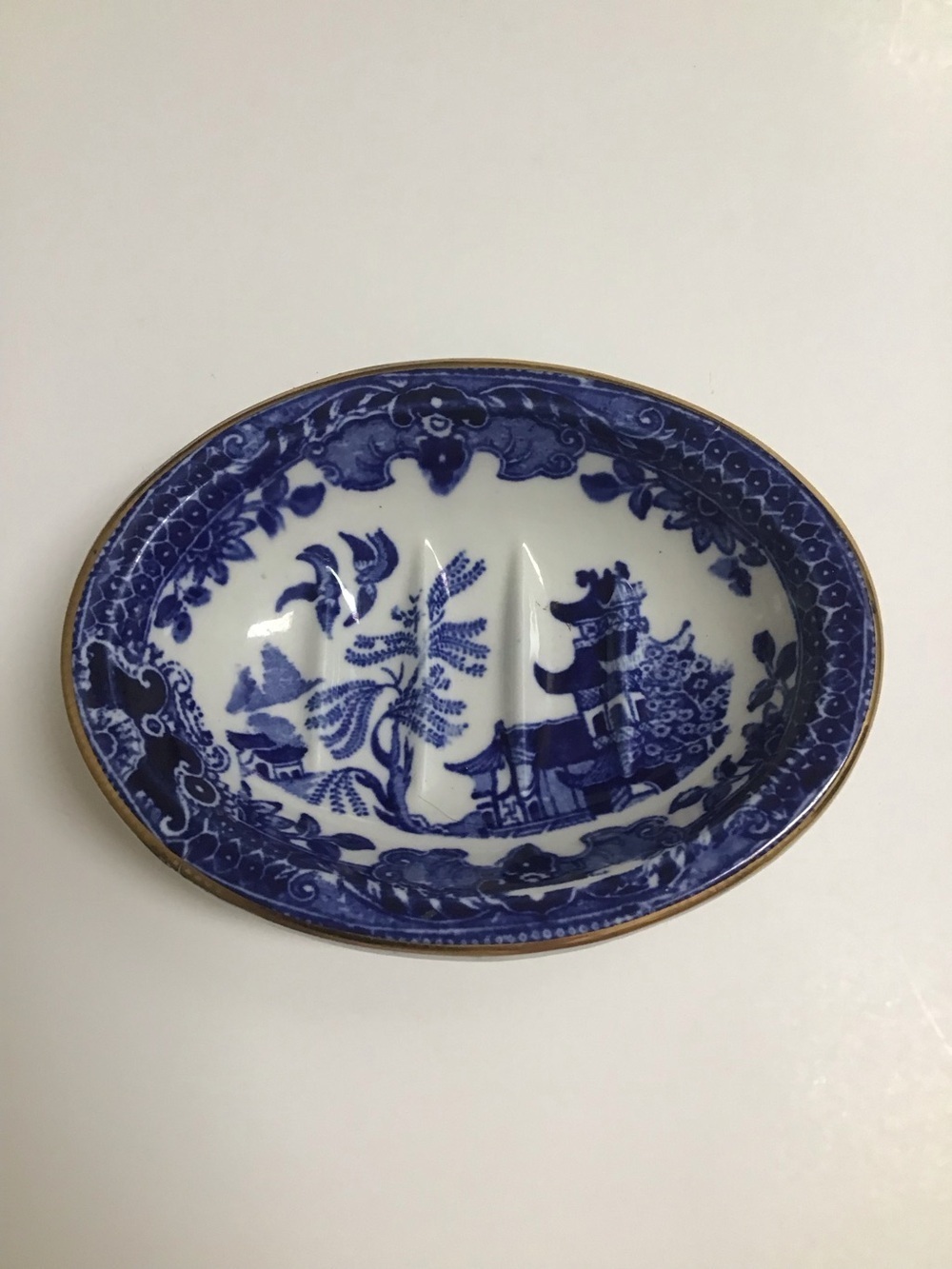 Blue Willow Antique 1920's England Burleigh Ware Oval Soap Dish Ridges Gold Rim